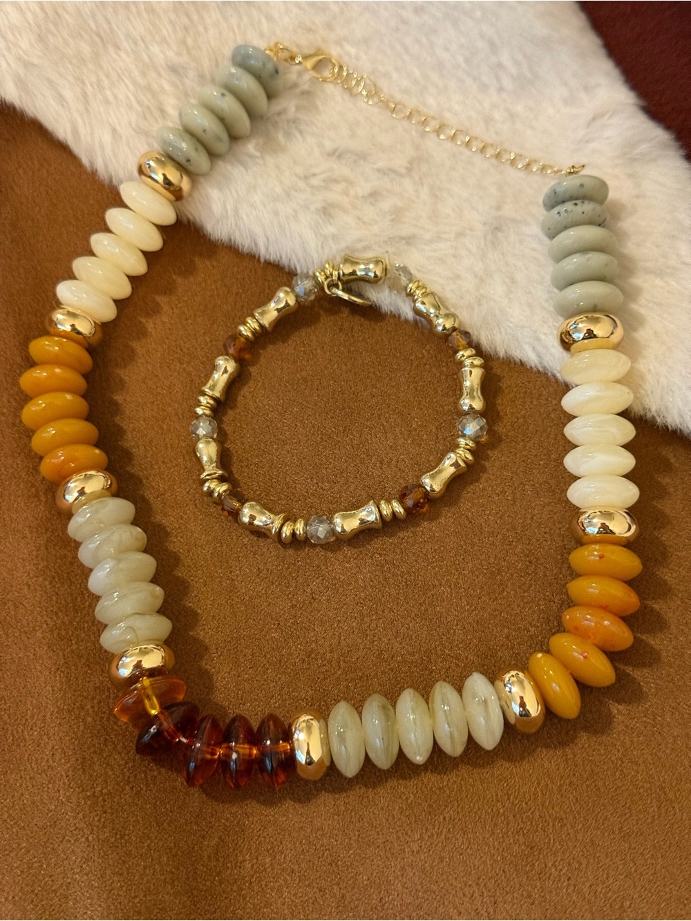 Gold-Accent Beaded Necklace in White, Orange & Amber & Erimish bracelet NWOT